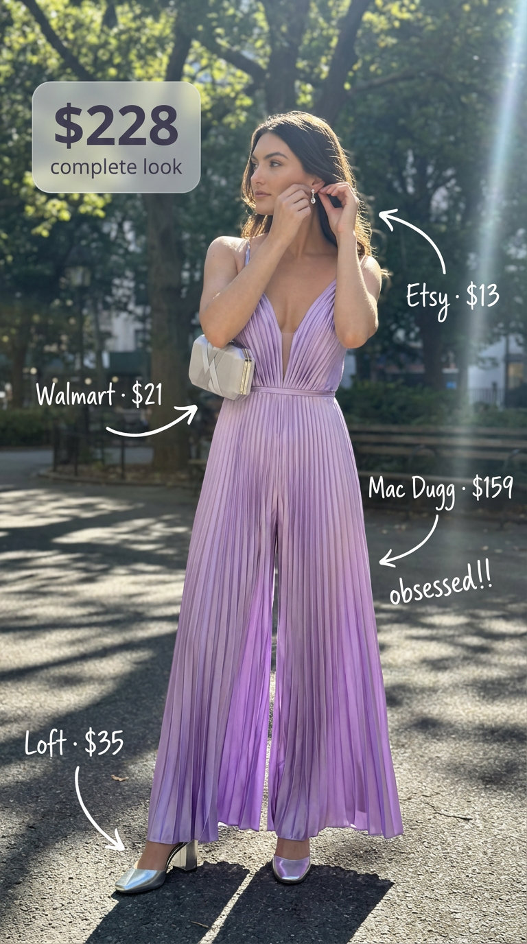 Garden Party Glamour Outfits Summer 2024 Elegant lavender wide-leg jumpsuit with metallic silver sandals and a satin clutch for glamorous summer outfits at a garden party.