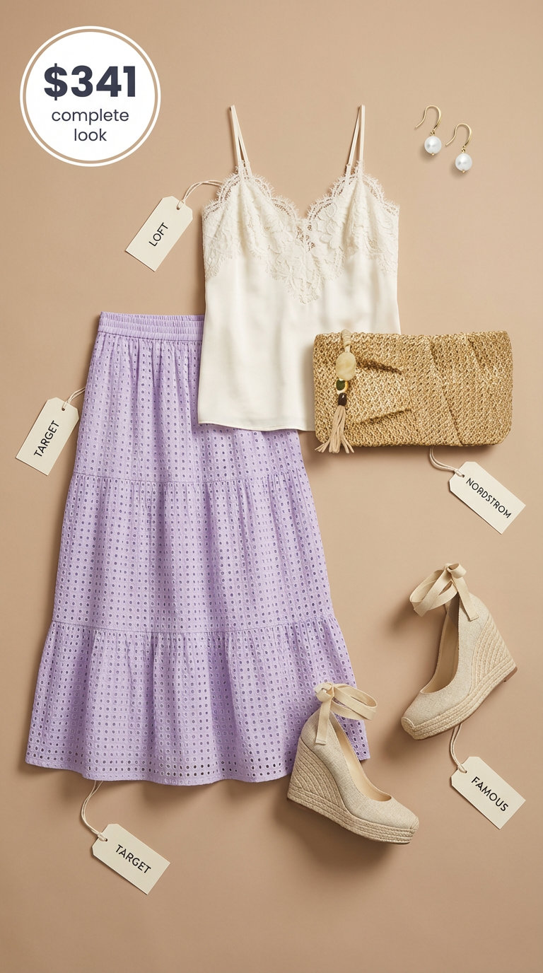 Elegant Garden Party Outfits Summer 2024 Feminine lavender tiered midi skirt, a cream lace-trim camisole, nude espadrille wedges, and a woven clutch, perfect garden party outfits summer.