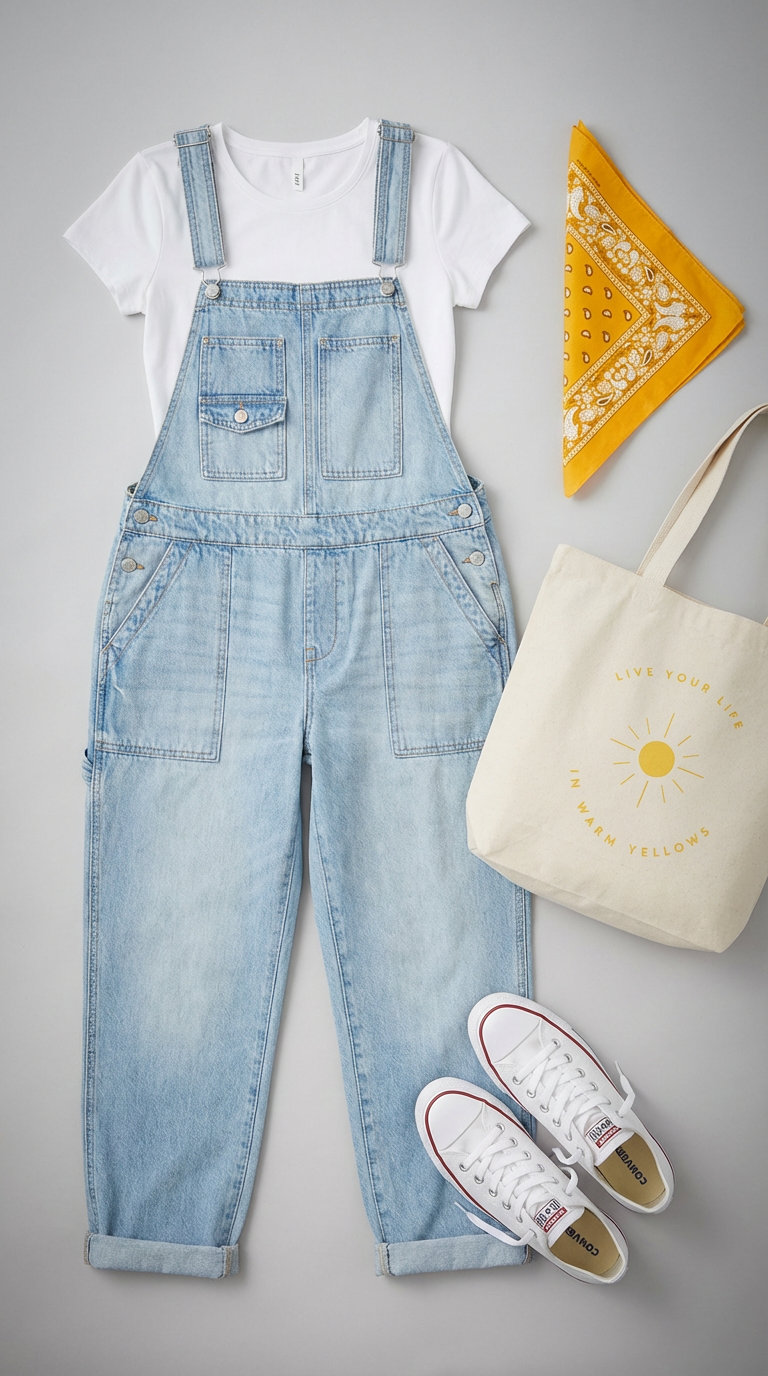 Picnic in Park Outfits Summer 2024 Playful light wash denim overalls with a white t-shirt, canvas sneakers, and a yellow bandana for comfortable summer outfits.