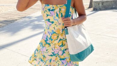 Playful teal mini sundress with retro floral print, yellow slide sandals, a canvas tote, and cat-eye sunglasses, perfect for outfits summer.