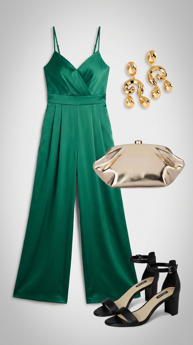Riviera Glam Outfits Summer 2024 Sophisticated emerald green satin wide-leg jumpsuit, black strappy heels, and a gold clutch for glamorous summer outfits.