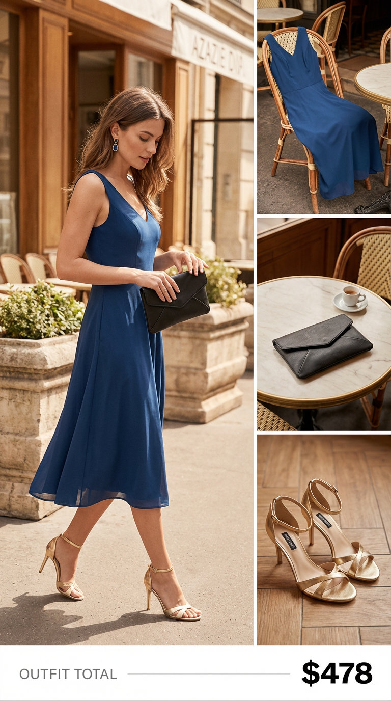 Sophisticated Soiree Outfits Summer 2024 Elegant sapphire blue satin crepe midi dress, gold strappy heels, a black clutch, and statement earrings, ideal for sophisticated outfits summer soirées.