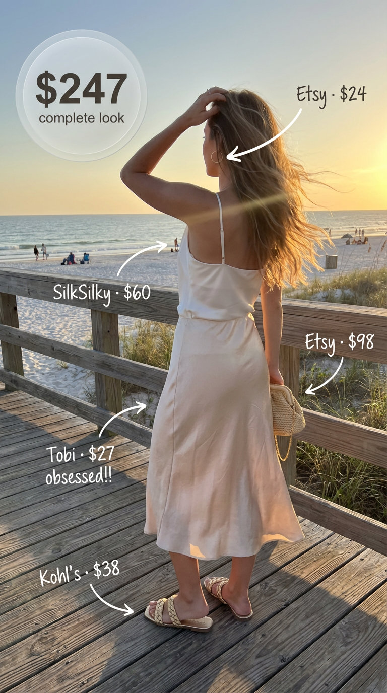 Sunset Beach Dinner Outfits Summer 2024 Romantic champagne satin bias-cut slip skirt with an ivory cowl neck camisole, gold slides, and a raffia bag for elegant summer outfits.