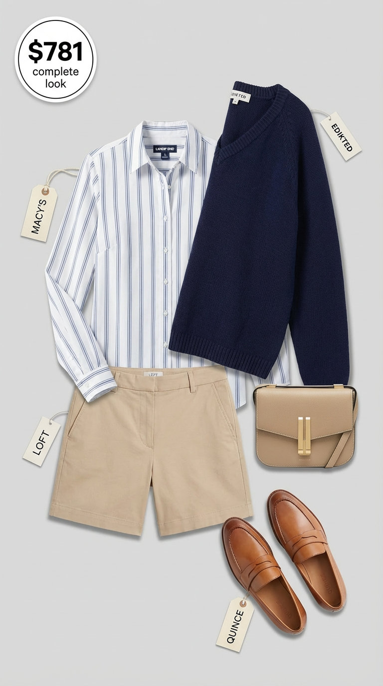 Polished Preppy Summer Outfits for Campus 2024 Polished preppy summer outfit featuring a navy V-neck sweater over a striped button-down, beige chino shorts, penny loafers, and a tan crossbody bag for campus casual.