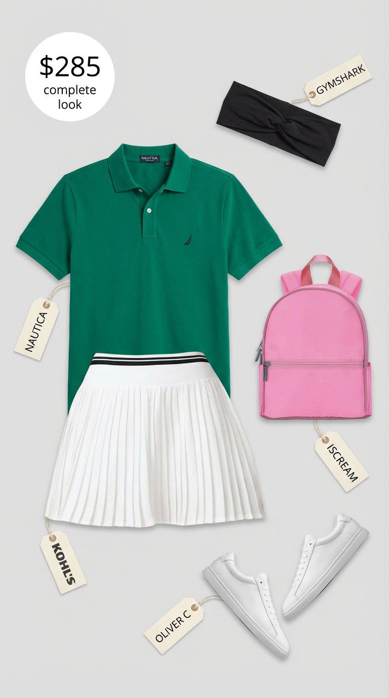 Sporty Preppy Summer Outfits for Brunch 2024 Sporty preppy summer outfit with an emerald green polo, white pleated tennis skirt, white sneakers, and a pale pink mini backpack, perfect for brunch at the club.