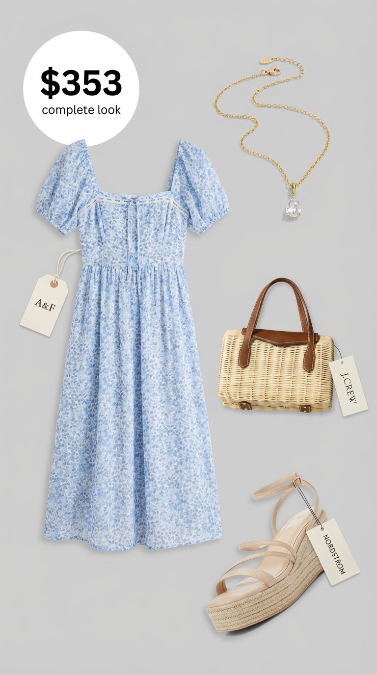 Charming Preppy Summer Trends for Garden Parties 2024 Charming preppy summer outfit with a light blue floral midi dress, tan espadrille wedges, a wicker bag, and a gold pendant necklace for a garden party.