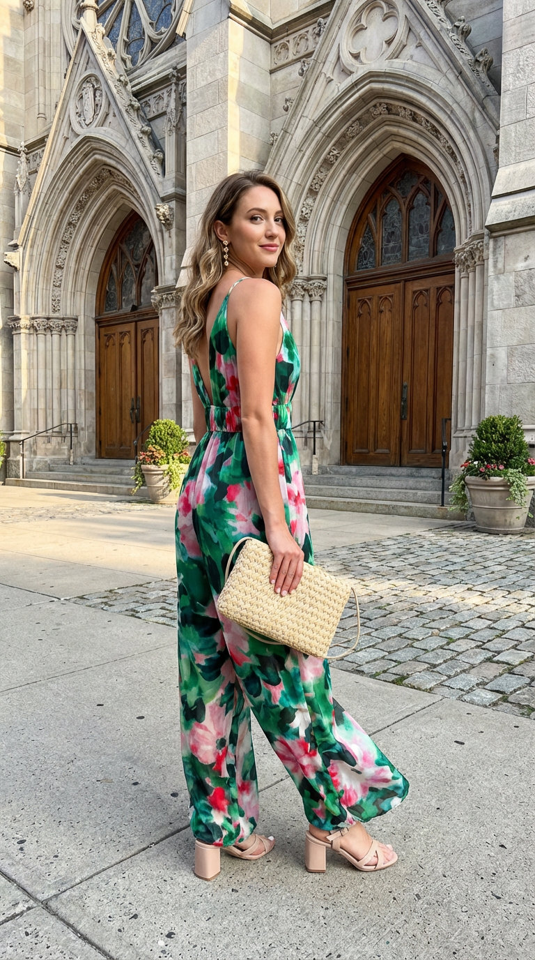 Pretty Preppy Summer Outfits for Garden Parties 2024 Feminine preppy summer outfit with a pink and green floral wide-leg jumpsuit, gold floral earrings, a woven straw clutch, and nude block heel sandals for a garden party.