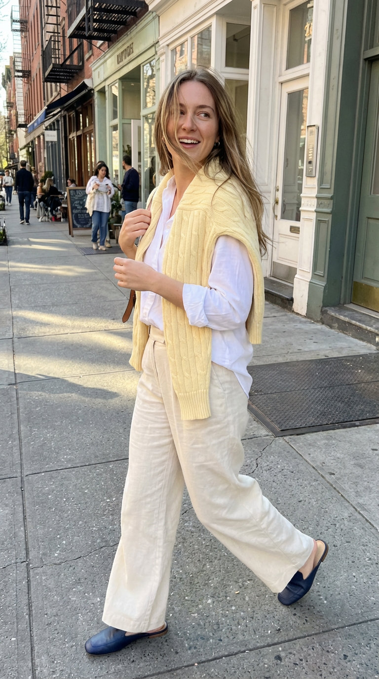 Sophisticated Preppy Summer Styles for Picnic 2024 Sophisticated preppy summer outfit featuring cream wide-leg trousers, a white button-down, an off-white cable-knit sweater, navy mules, and a tan satchel for a polished picnic.