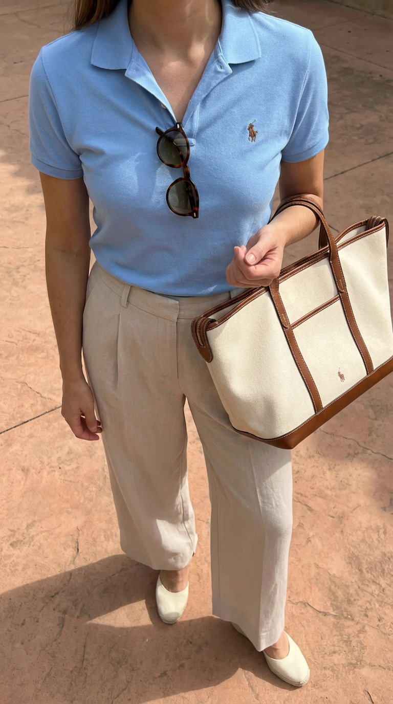 Relaxed Preppy Summer Outfits for Lakeside 2024 Relaxed preppy summer outfit featuring beige linen wide-leg trousers, a light blue polo shirt, wedge espadrilles, a canvas tote, and tortoiseshell sunglasses for a lakeside lunch.