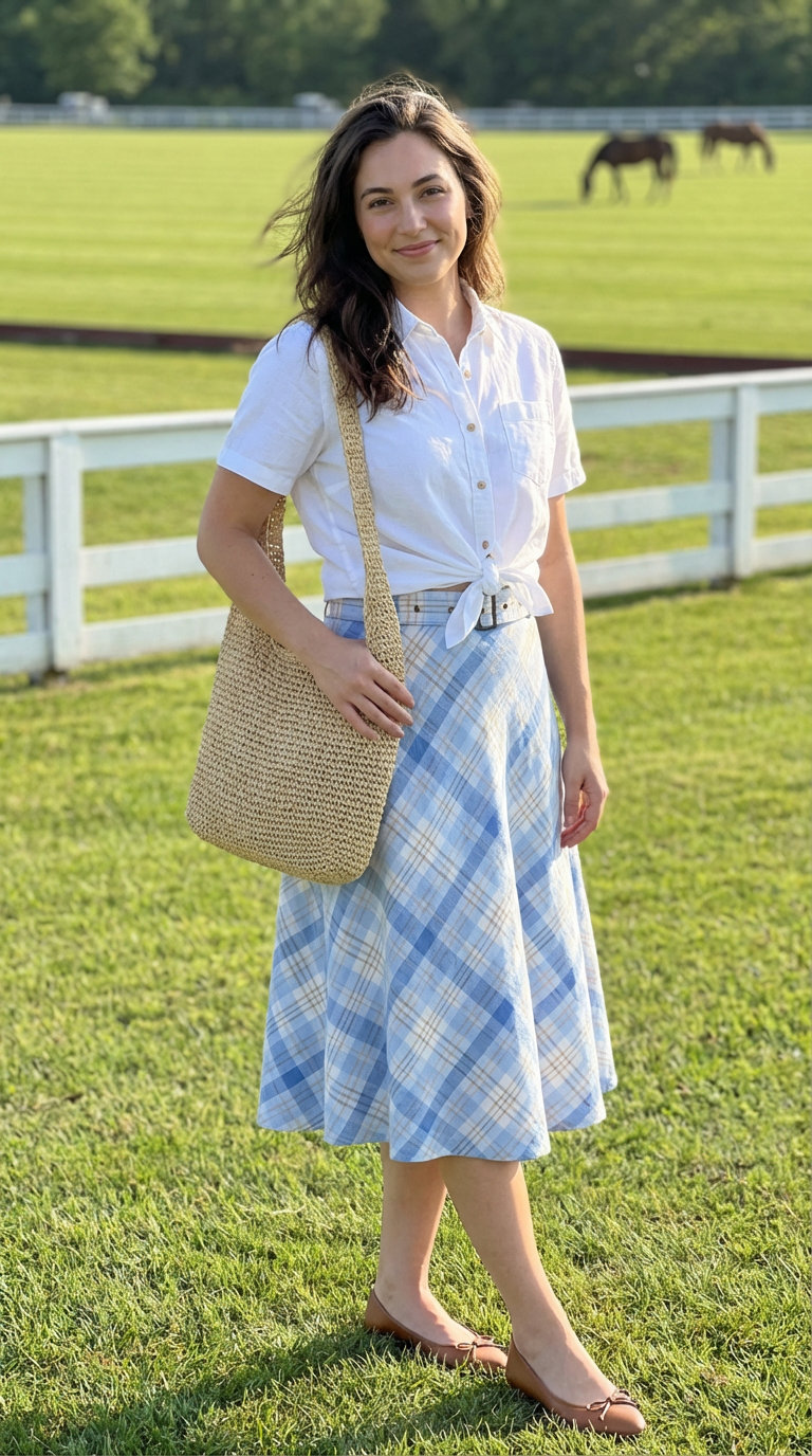 Effortless Preppy Summer Picnic Outfits 2024 Relaxed preppy summer outfit featuring a light blue and white plaid midi skirt, white button-down shirt, brown leather ballet flats, and a woven straw shoulder bag perfect for a picnic.