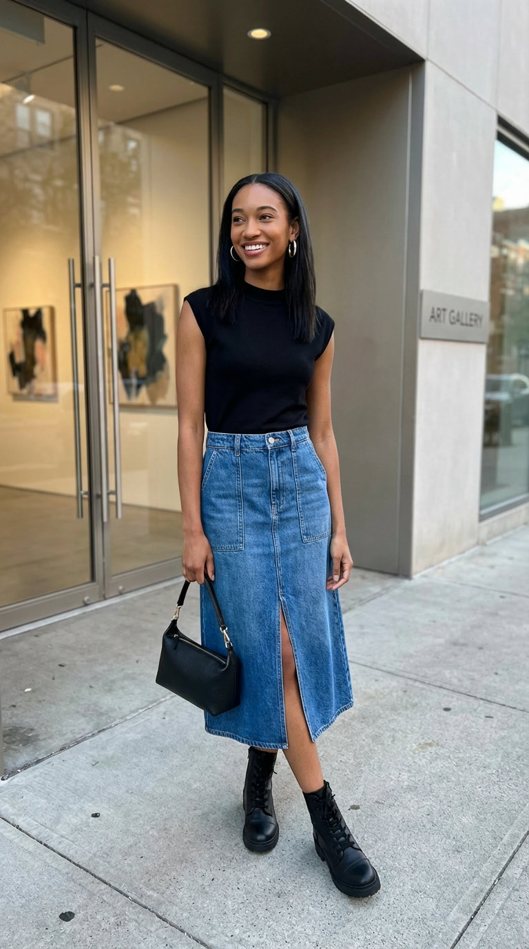 Urban chic summer casual outfits for an arts district visit, featuring a denim midi skirt, black mock neck top, and combat boots.