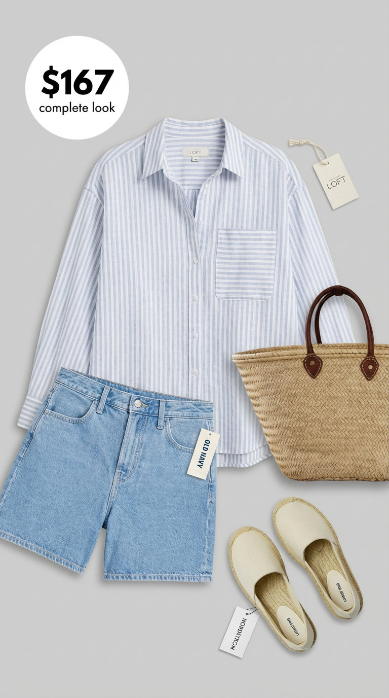 A breezy blue and white striped linen button-down with denim shorts, espadrille flats, and a woven tote make a perfect summer casual outfit for a beach day brunch.