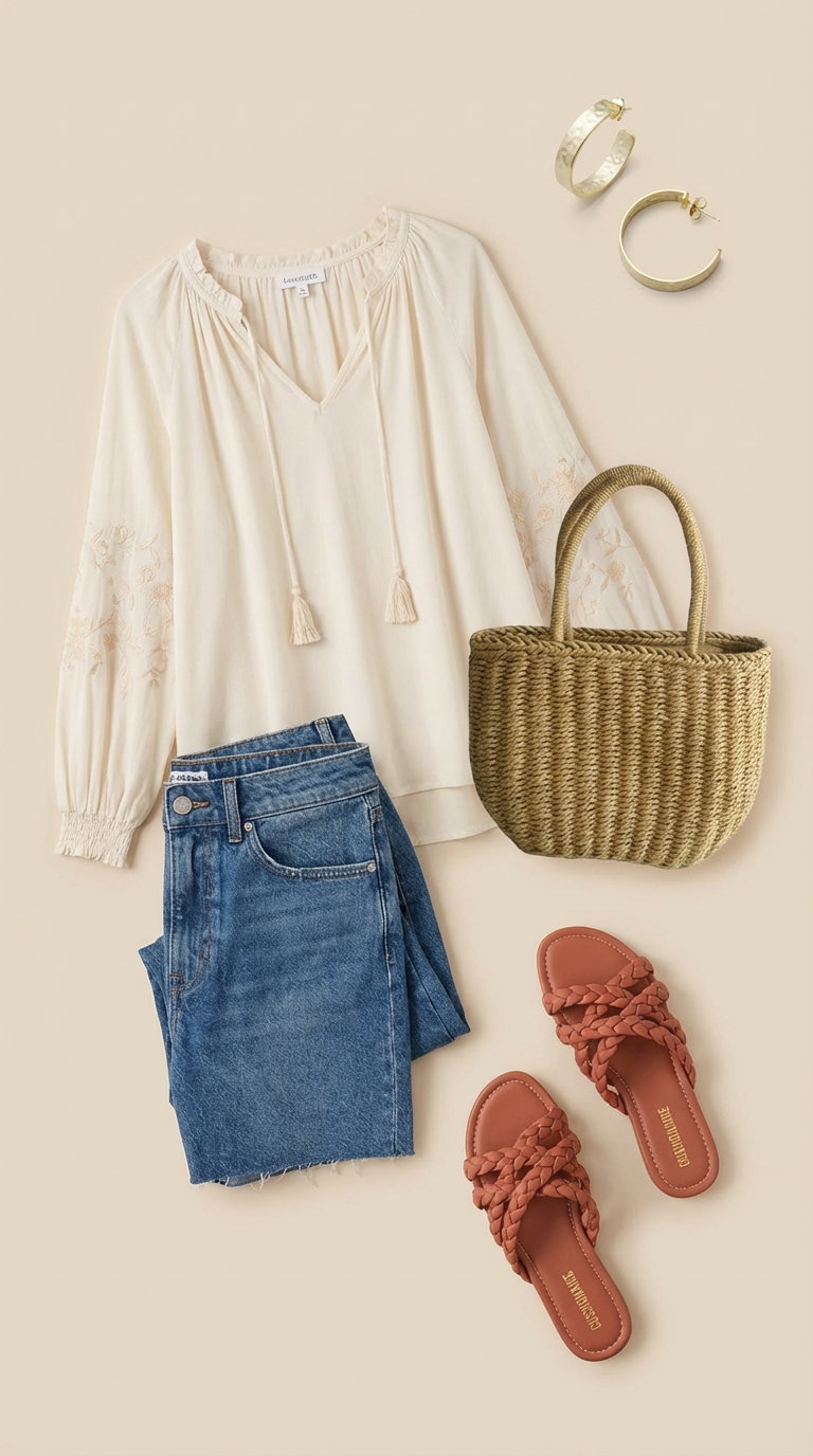 A cream embroidered peasant blouse, high-waisted denim shorts, braided flat sandals, and a woven tote create a relaxed summer casual outfit for beach walks or BBQs.