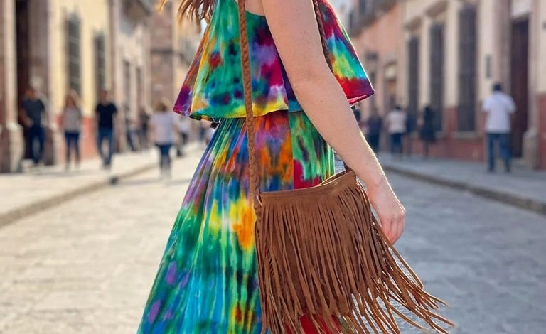 Vibrant tie-dye maxi dress, gladiator sandals, a fringe crossbody, and wide-brim hat combine for a bohemian summer casual outfit, ideal for music festivals or outdoor concerts.
