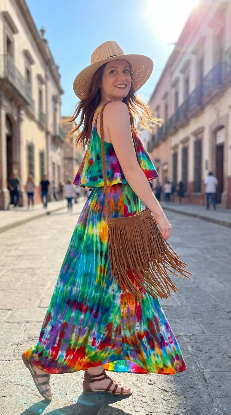 Vibrant tie-dye maxi dress, gladiator sandals, a fringe crossbody, and wide-brim hat combine for a bohemian summer casual outfit, ideal for music festivals or outdoor concerts.
