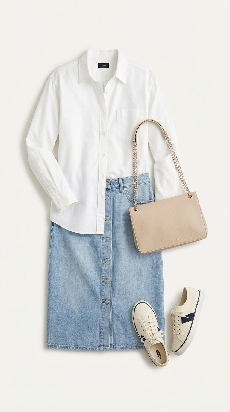 Stylish summer casual outfits for a city cafe, featuring a light wash denim A-line skirt, oversized white shirt, and white sneakers.