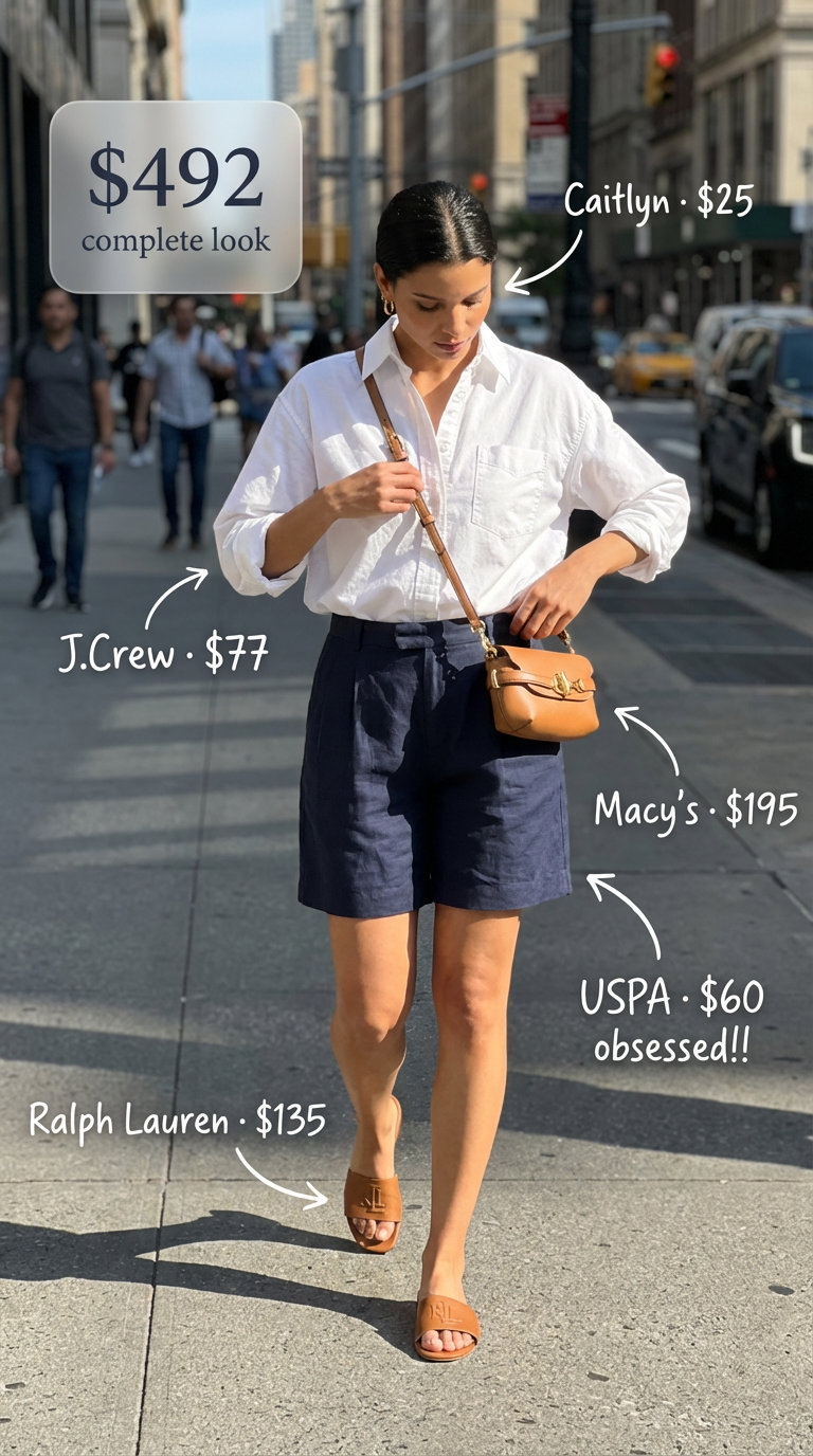 Polished navy linen blend shorts, crisp white button-down, tan slide sandals, and a structured crossbody comprise a chic summer casual outfit for city explorations or shopping.