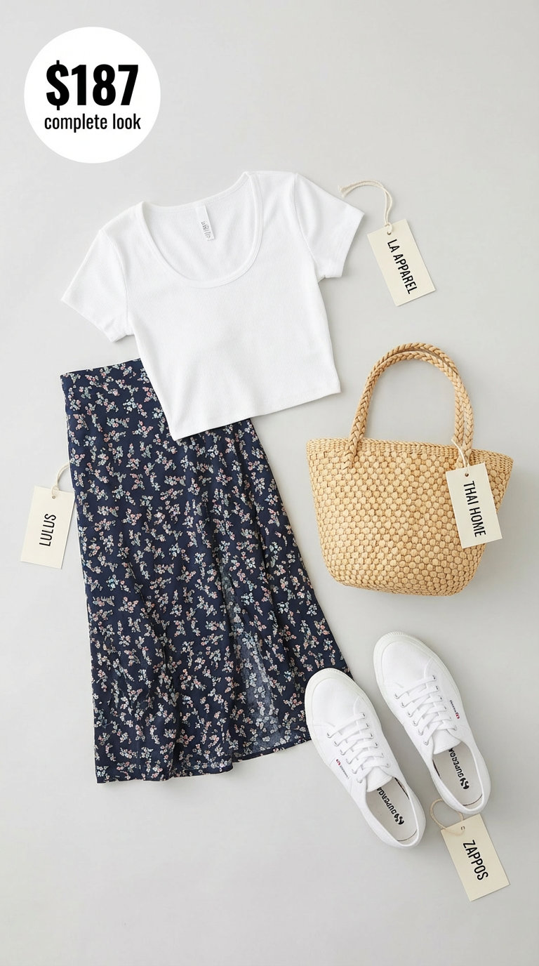 Sweet summer casual outfits for a city park picnic, featuring a floral midi skirt, white crop top, and woven basket bag.