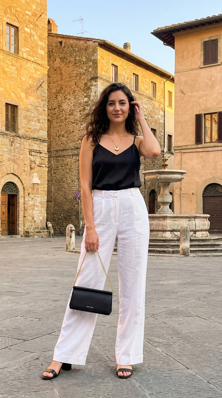 Chic monochrome summer casual outfits for evening al fresco dining, with an ivory linen blend wide-leg pants and black camisole.