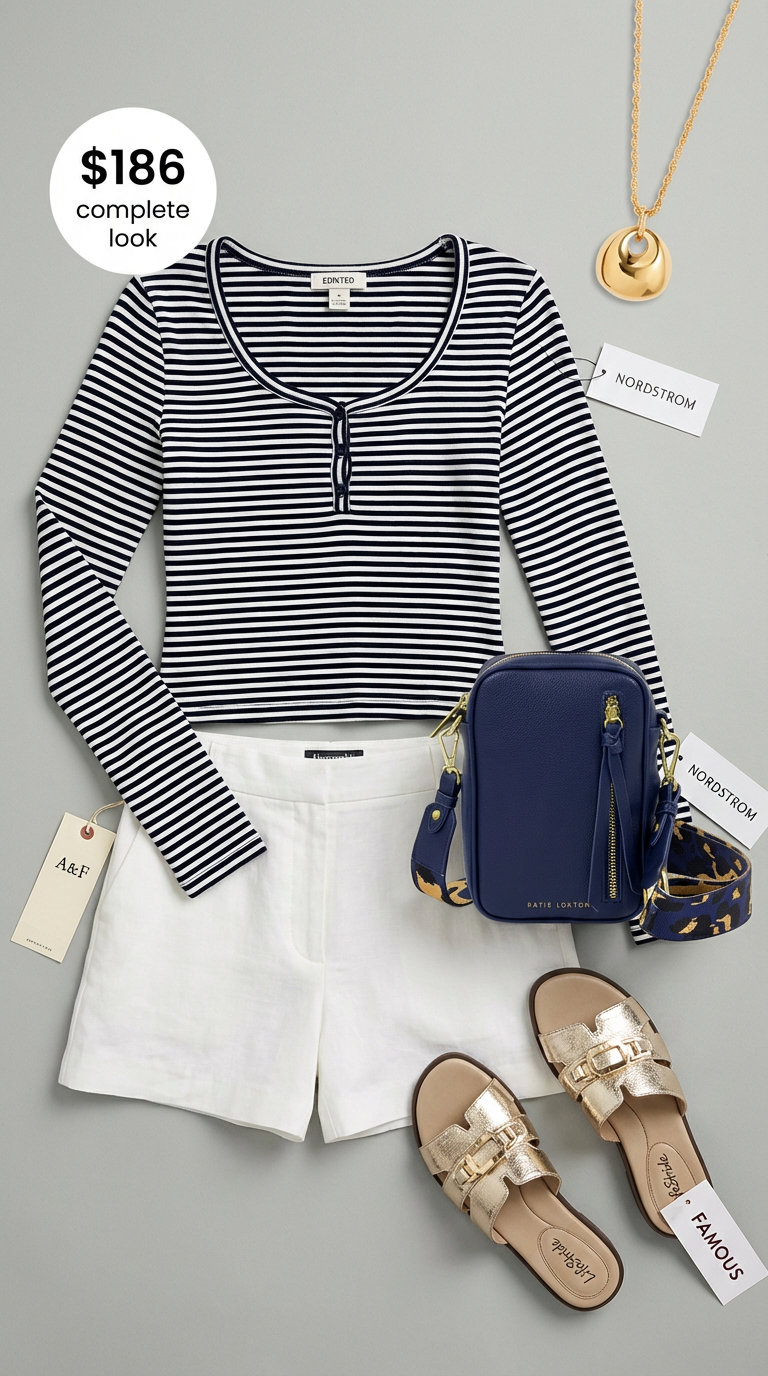 Refined summer casual outfits for an evening boardwalk stroll, featuring a striped crop top, white linen shorts, and gold sandals.