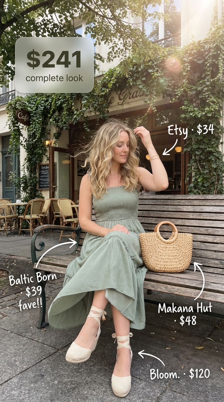 A beautiful sage green midi dress with puff sleeves, paired with cream espadrille wedges and a woven basket bag, creating a perfect summer casual outfit for a garden brunch or casual date.
