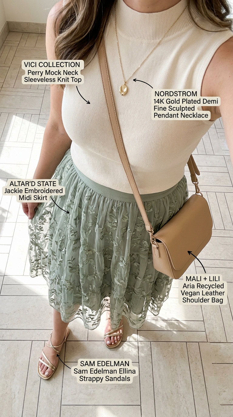 A sage green flowy midi skirt, fitted cream knit top, delicate gold sandals, and a small tan shoulder bag form an elegant summer casual outfit for garden brunches.