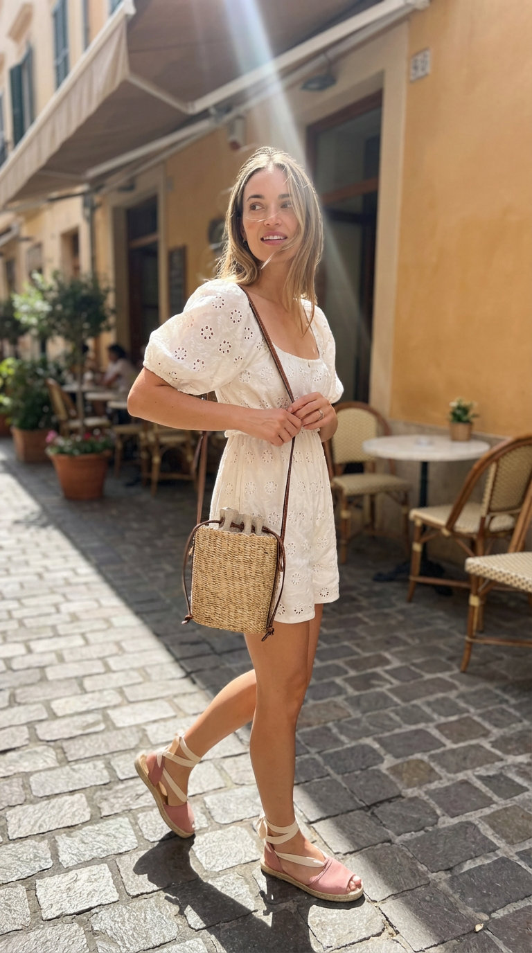 Feminine summer casual outfits for a garden coffee date, featuring a white eyelet romper, blush espadrille sandals, and straw bag.