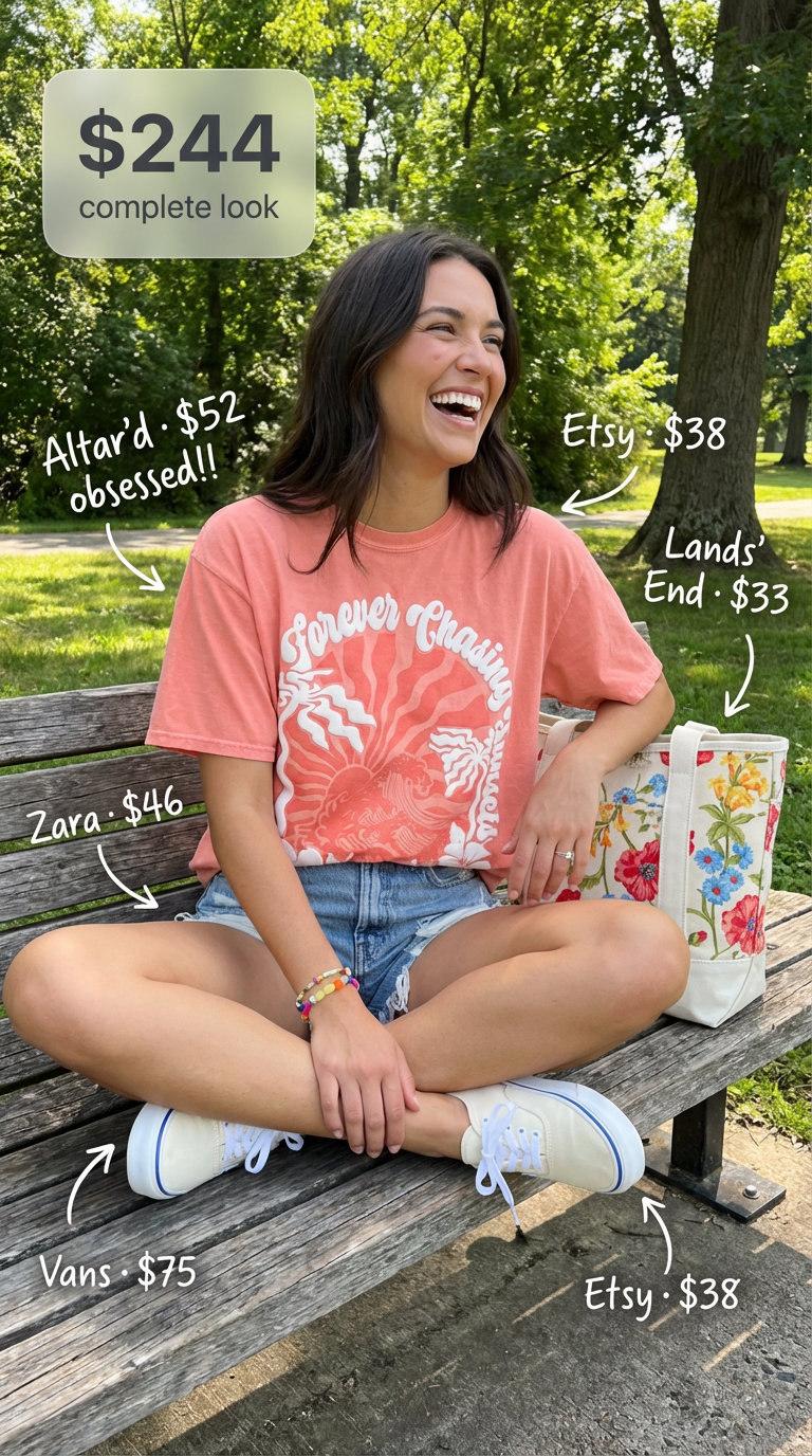 Playful summer casual outfits for a park picnic featuring a coral graphic tee, distressed denim shorts, and white canvas sneakers.