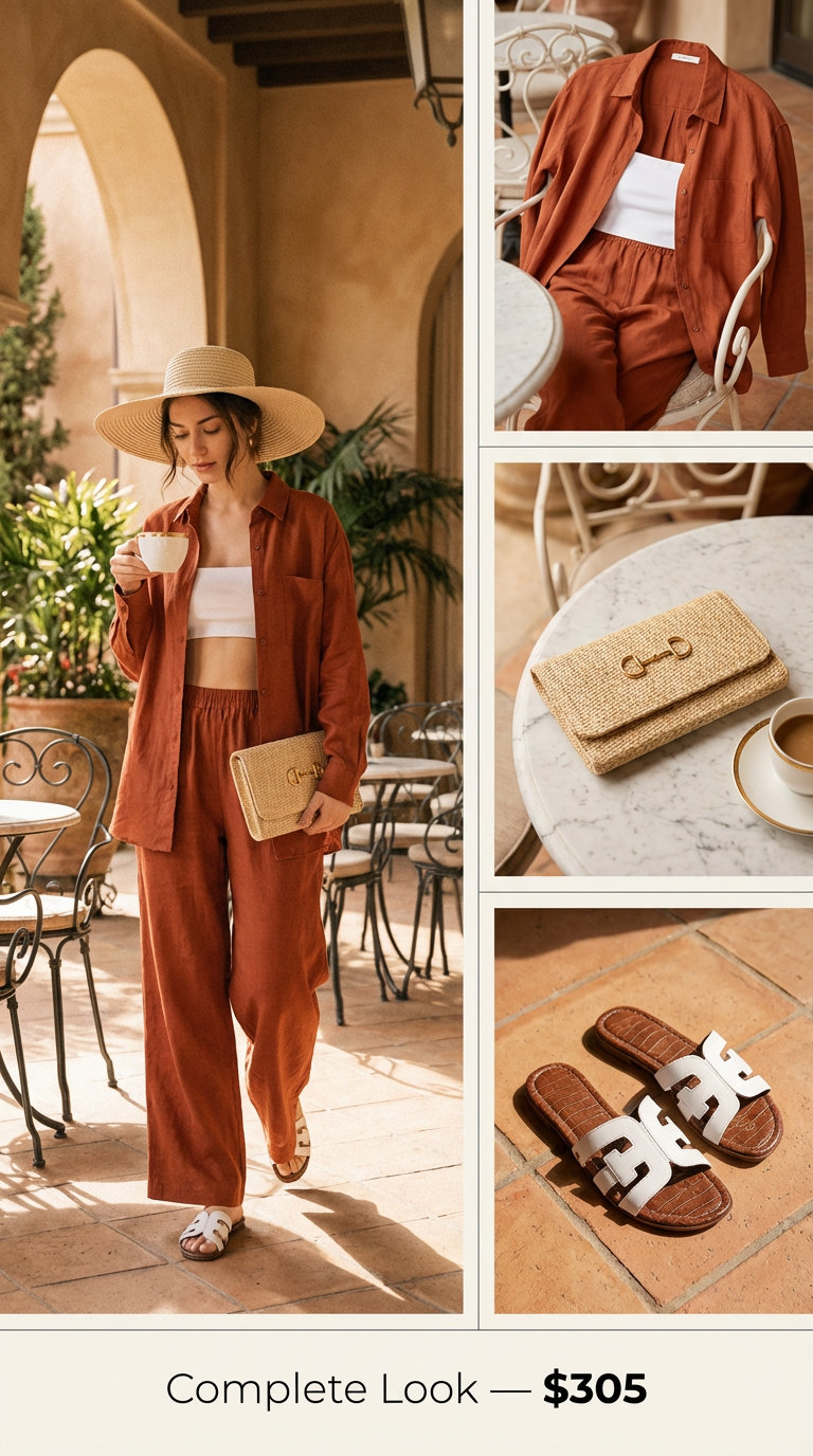 A terracotta linen blend matching set of a relaxed shirt and wide-leg pants, white slide sandals, and a straw hat create a chic summer casual outfit for resort lounging.