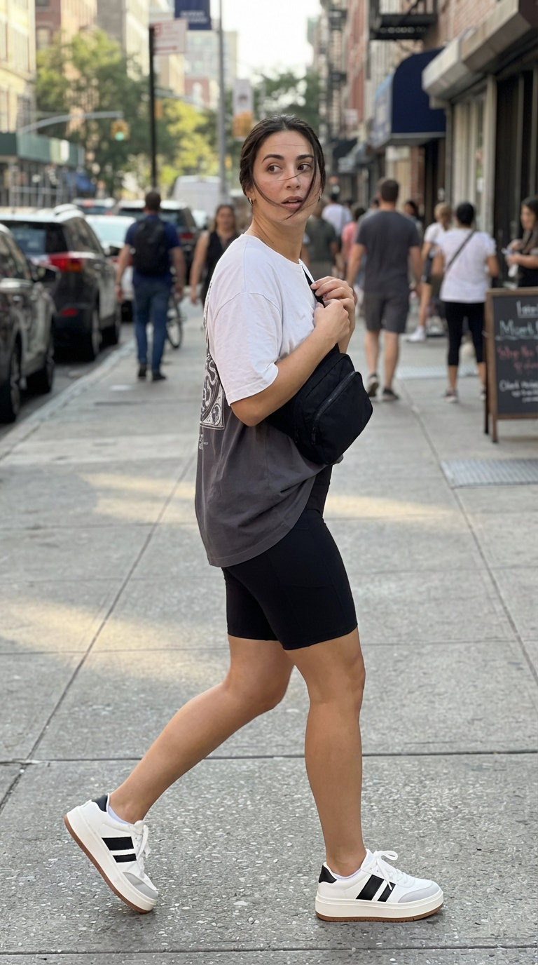 Sporty summer casual outfits for a city day, featuring an oversized graphic tee, biker shorts, platform sneakers, and belt bag.