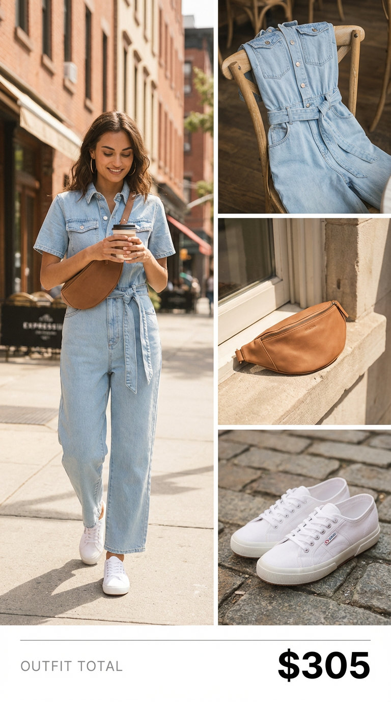 A medium wash denim utility jumpsuit, white canvas sneakers, a tan leather belt bag, and gold hoops define a modern summer casual outfit for weekend getaways.