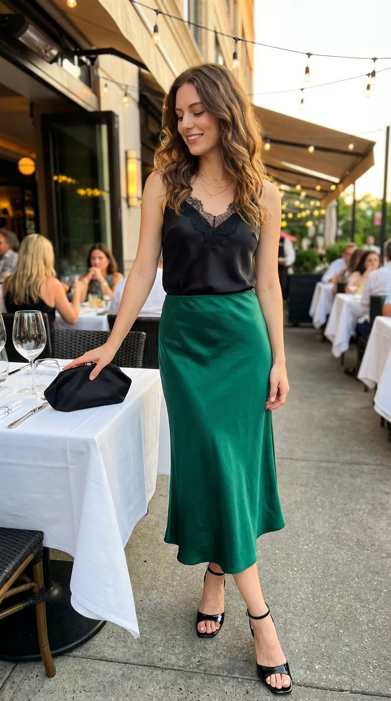Al Fresco Dinner Party Summer Outfits 2024 Sophisticated al fresco dinner party summer fashion outfit with an emerald green satin slip skirt, black silk camisole, strappy heels, and gold layered necklaces.
