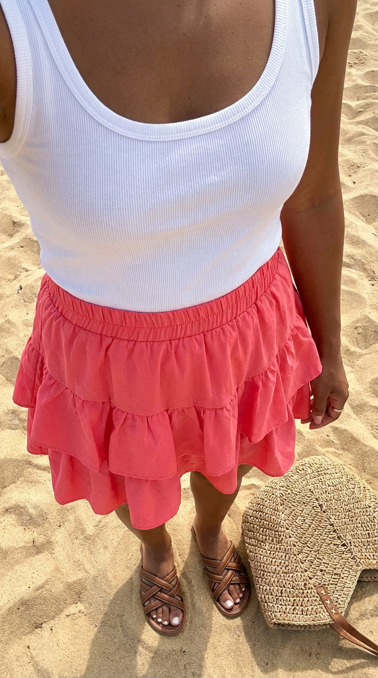 Boho Beach Day Summer Style 2024 Bohemian playful summer fashion outfit for a beach day, featuring a coral pink tiered mini skirt with tassels, a white fitted ribbed tank top, a woven straw tote bag, and cognac brown braided strap flat sandals.
