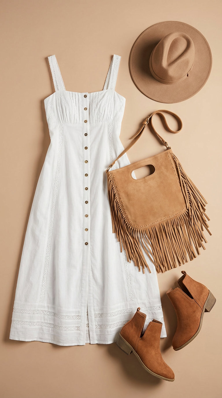 Boho Festival Summer Fashion Outfits 2024 Bohemian festival summer fashion outfit with a white cotton midi dress featuring embroidery, rust fringed crossbody bag, tan wide-brimmed hat, and suede ankle boots.