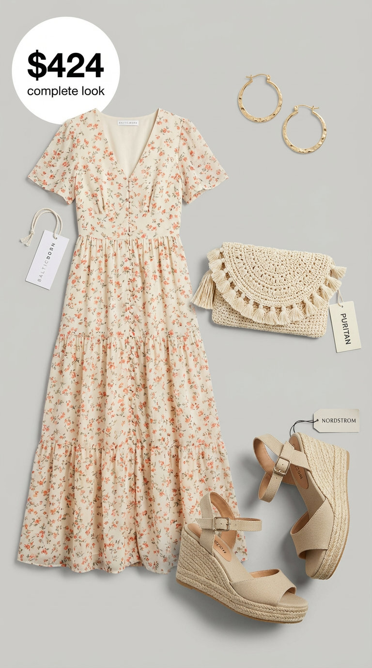 Boho Sunset Soiree Summer Dress 2024 Romantic bohemian summer fashion outfit featuring a coral floral print tiered maxi dress, jute and canvas espadrille wedge sandals, a natural straw clutch with tassel, and hammered gold hoop earrings, perfect for a sunset soiree.
