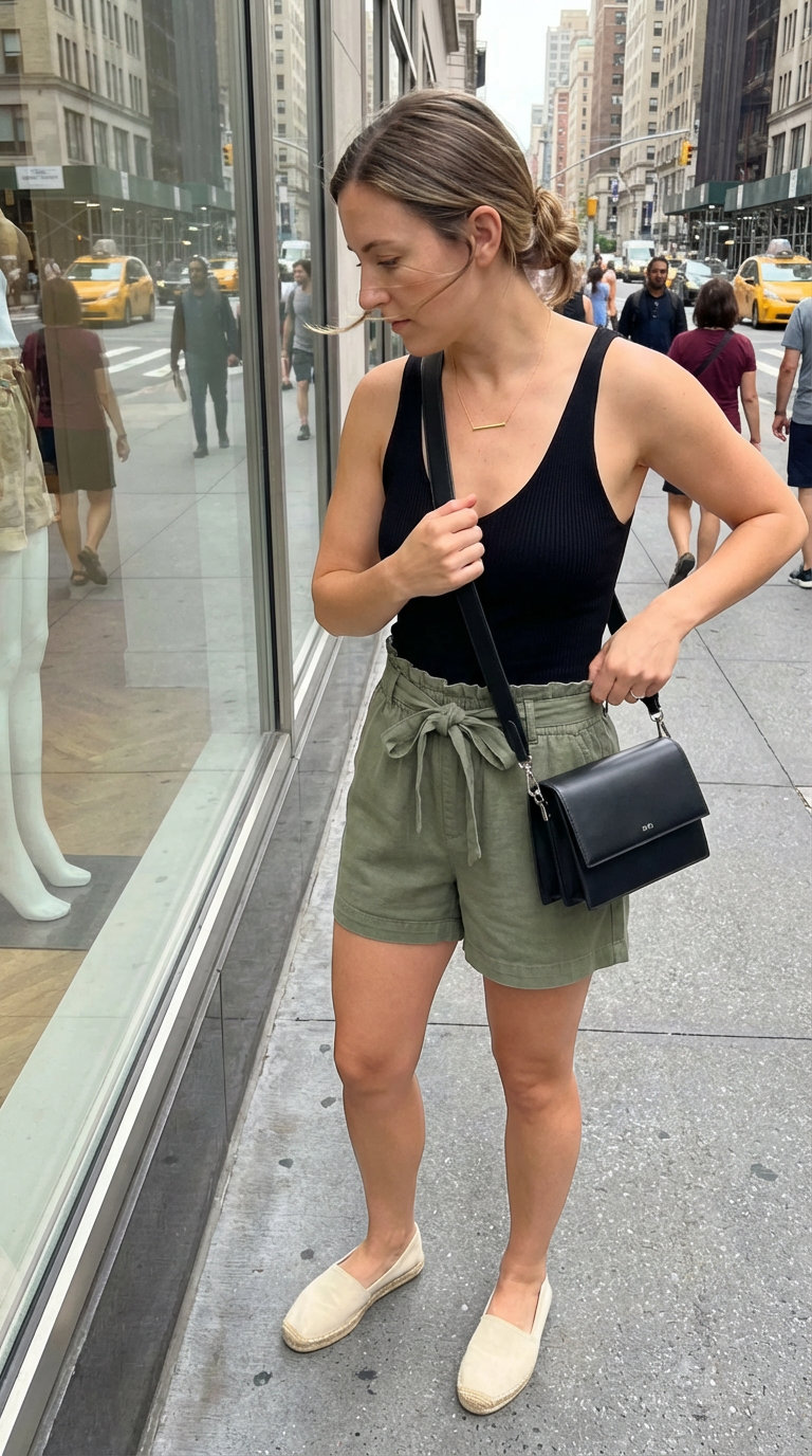 Creative Studio Day Summer Look 2024 Understated chic summer fashion outfit featuring olive green linen-blend paper-bag waist shorts, a black ribbed knit tank top, naturalist jute espadrille flats, a minimalist gold bar necklace, and a structured black mini crossbody bag, perfect for a creative studio day.