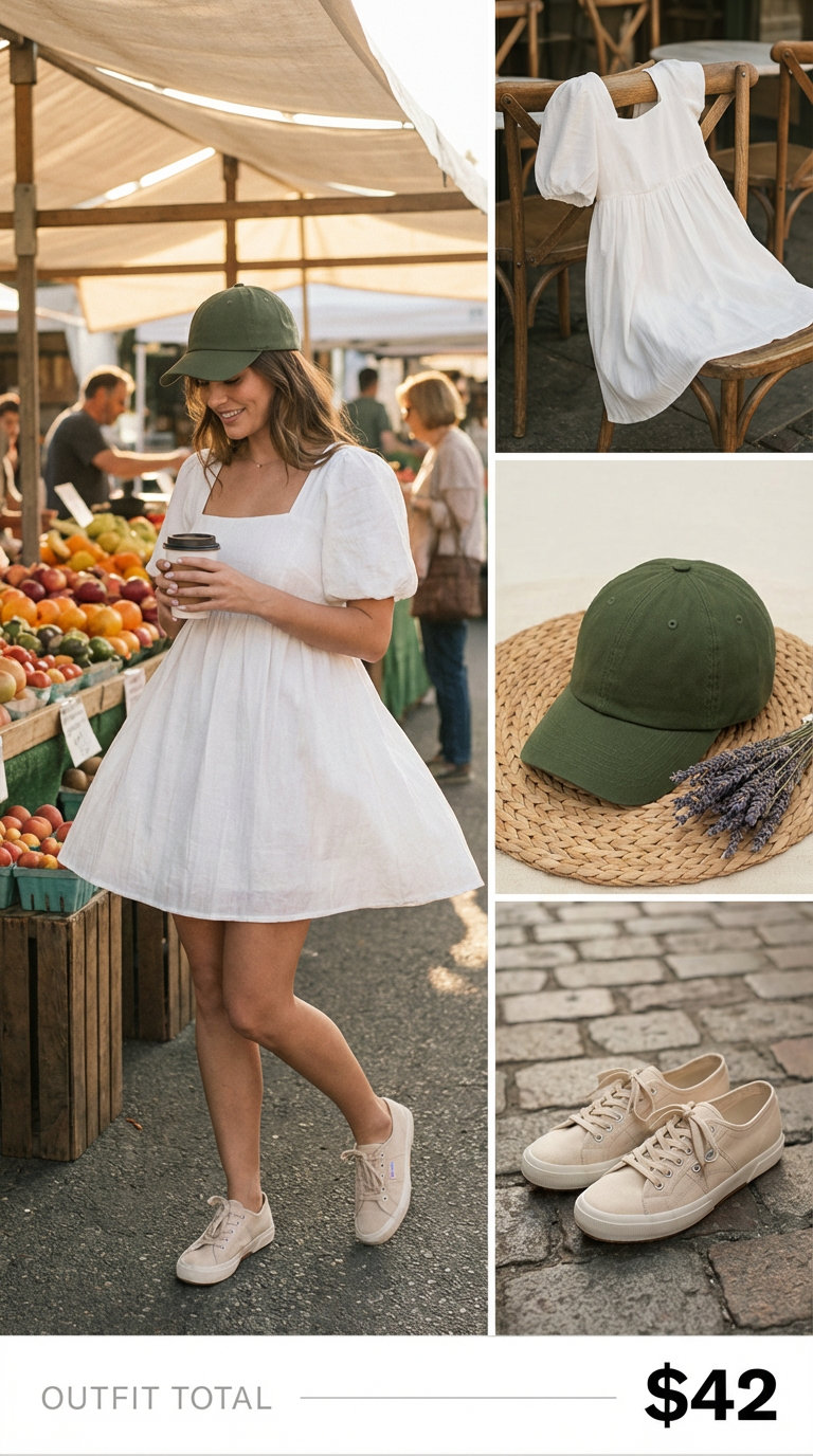 Farmers Market Fresh Summer Outfit 2024 Sweet casual summer fashion outfit for a farmers market, featuring a white cotton babydoll mini dress with puff sleeves, olive green baseball cap, graphic print canvas tote, and white canvas sneakers.