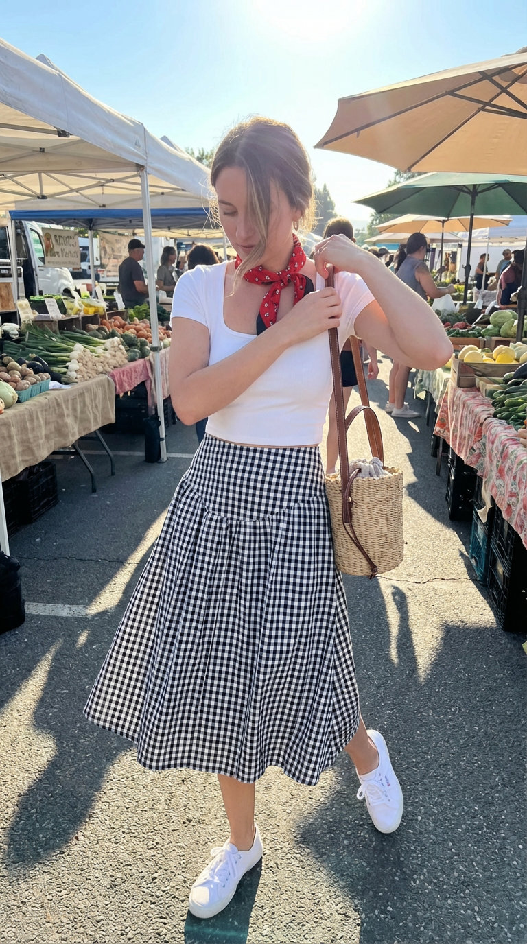 Playful Picnic Summer Outfit 2024 Sweet retro summer fashion outfit for a picnic, featuring a black and white gingham A-line midi skirt, a white square-neck crop top, classic white canvas sneakers, a red silk bandana, and a small straw basket bag.
