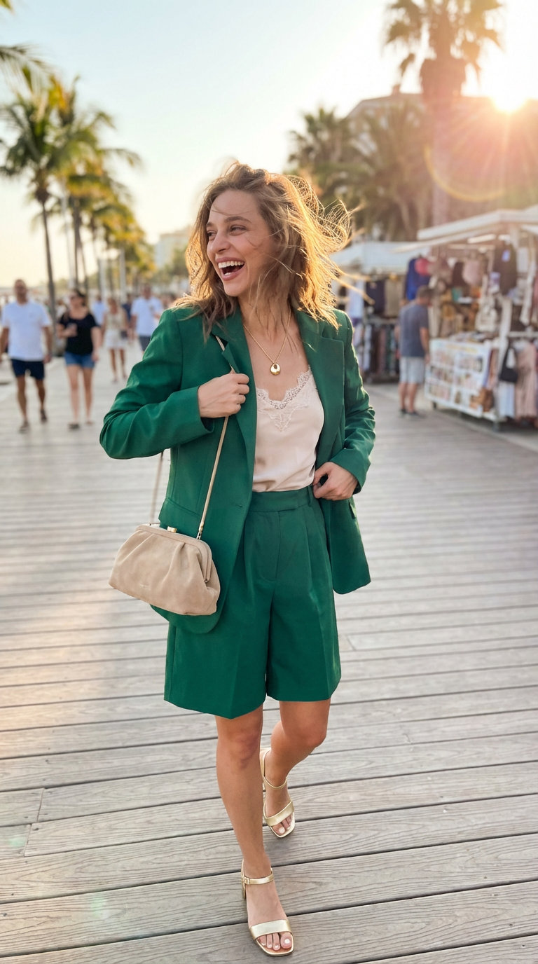Resort Evening Summer Fashion Outfits 2024 Glamorous resort evening summer fashion outfit featuring an emerald green tailored shorts and matching blazer set, nude camisole, gold necklace, and metallic gold block heels.
