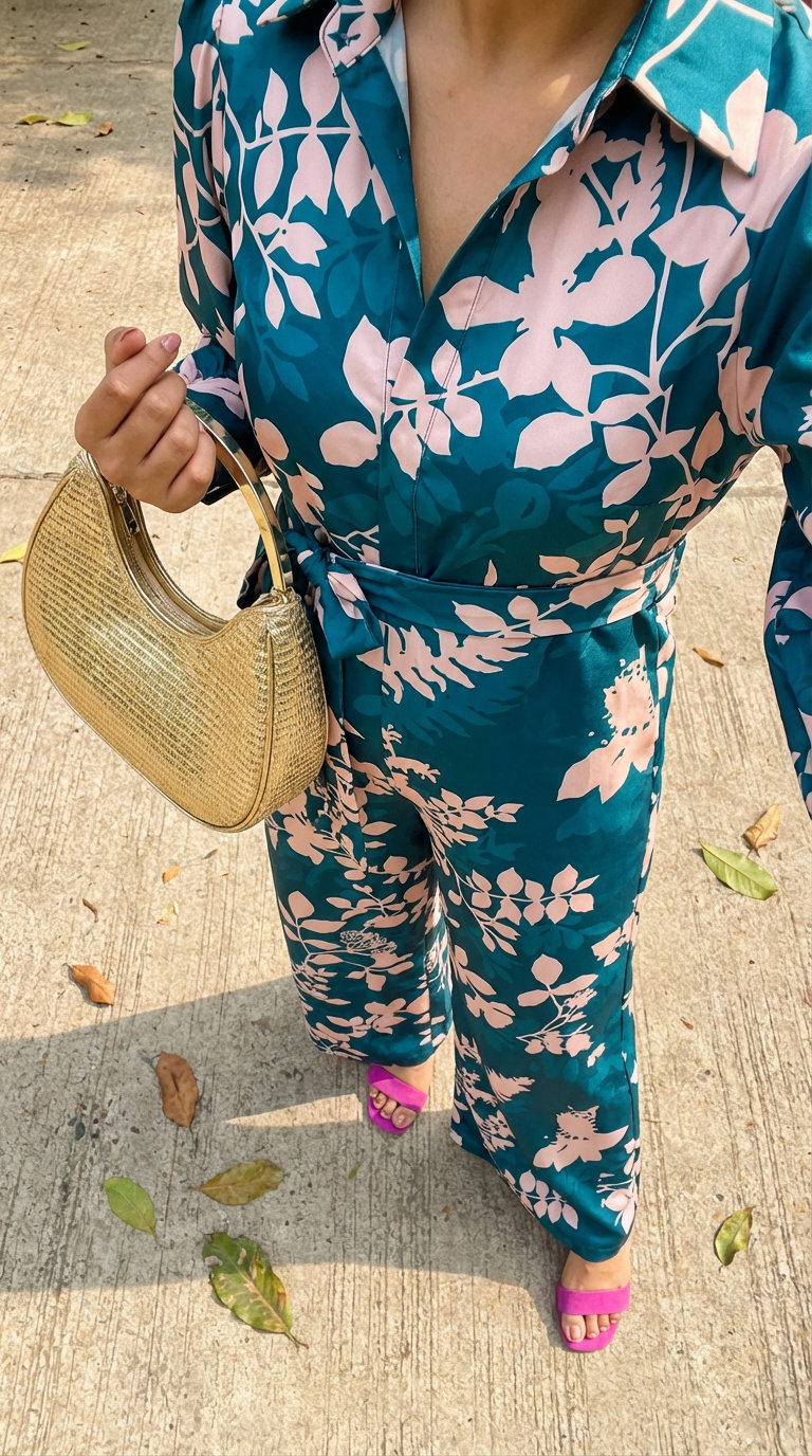 Retro Glam Summer Outfit 2024 Glamorous summer fashion outfit featuring a teal and hot pink abstract floral print wide-leg jumpsuit, paired with gold hoop earrings, a gold metallic mini shoulder bag, and vibrant hot pink chunky block heel sandals for a summer party or night out.