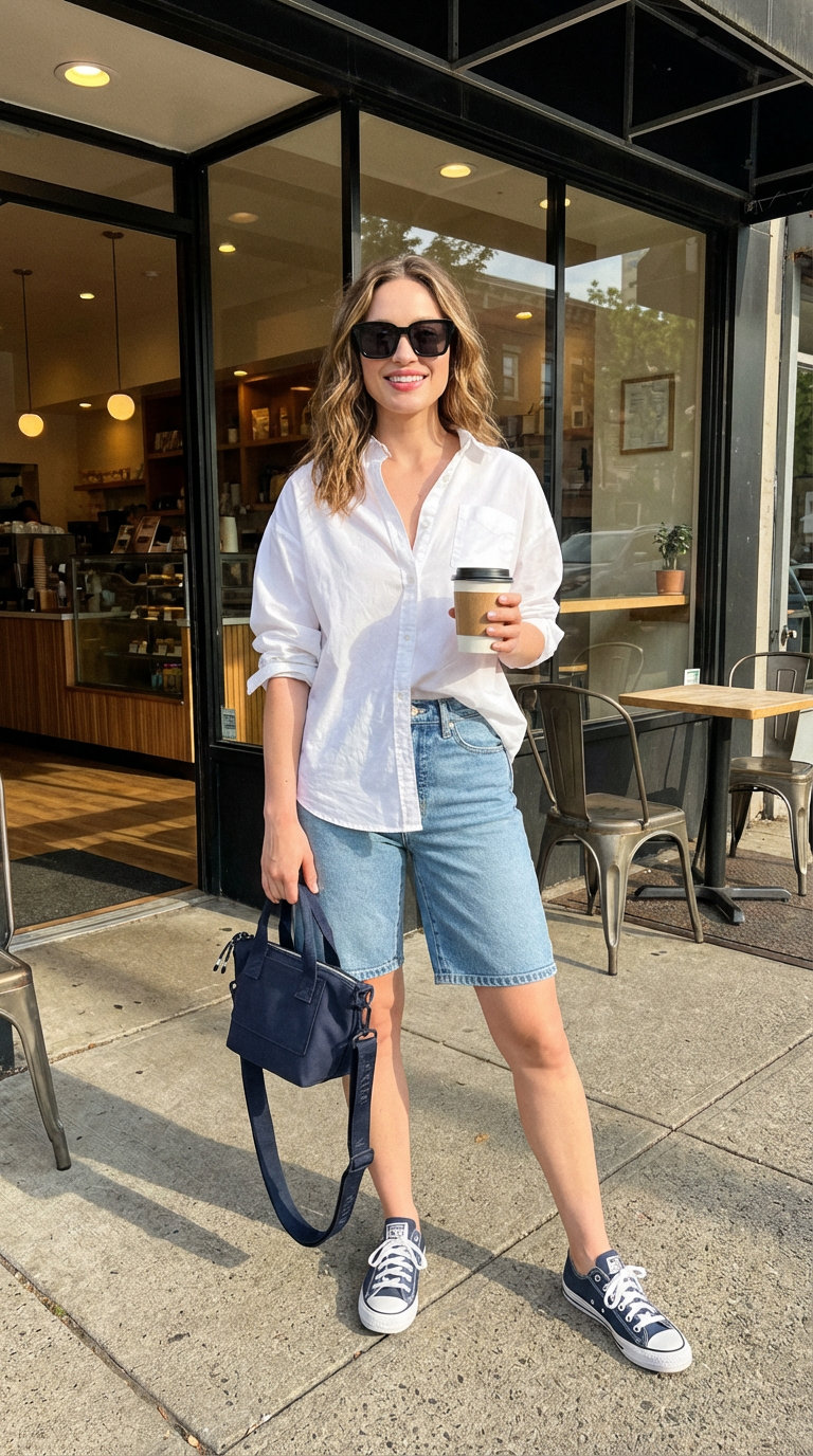 Urban Explorer Summer Fashion Outfits 2024 Chic urban explorer summer fashion outfit featuring light wash denim Bermuda shorts, an oversized white button-down shirt, navy canvas sneakers, and a matching crossbody bag.