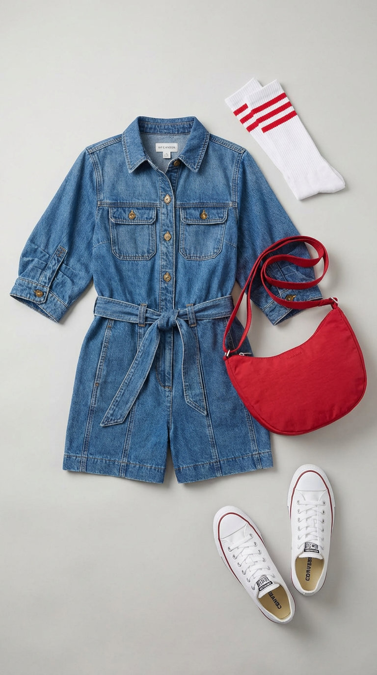 Weekend Getaway Summer Romper 2024 Playful comfortable summer fashion outfit for a weekend getaway, featuring a medium wash denim button-front romper, white canvas sneakers, white tube socks with red stripes, and a small red nylon crossbody bag.