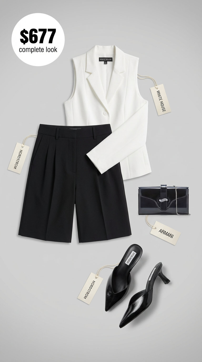 Contemporary office summer work outfit featuring black tailored Bermuda shorts, a sleeveless blazer vest, white tank top, and black block-heel mules.