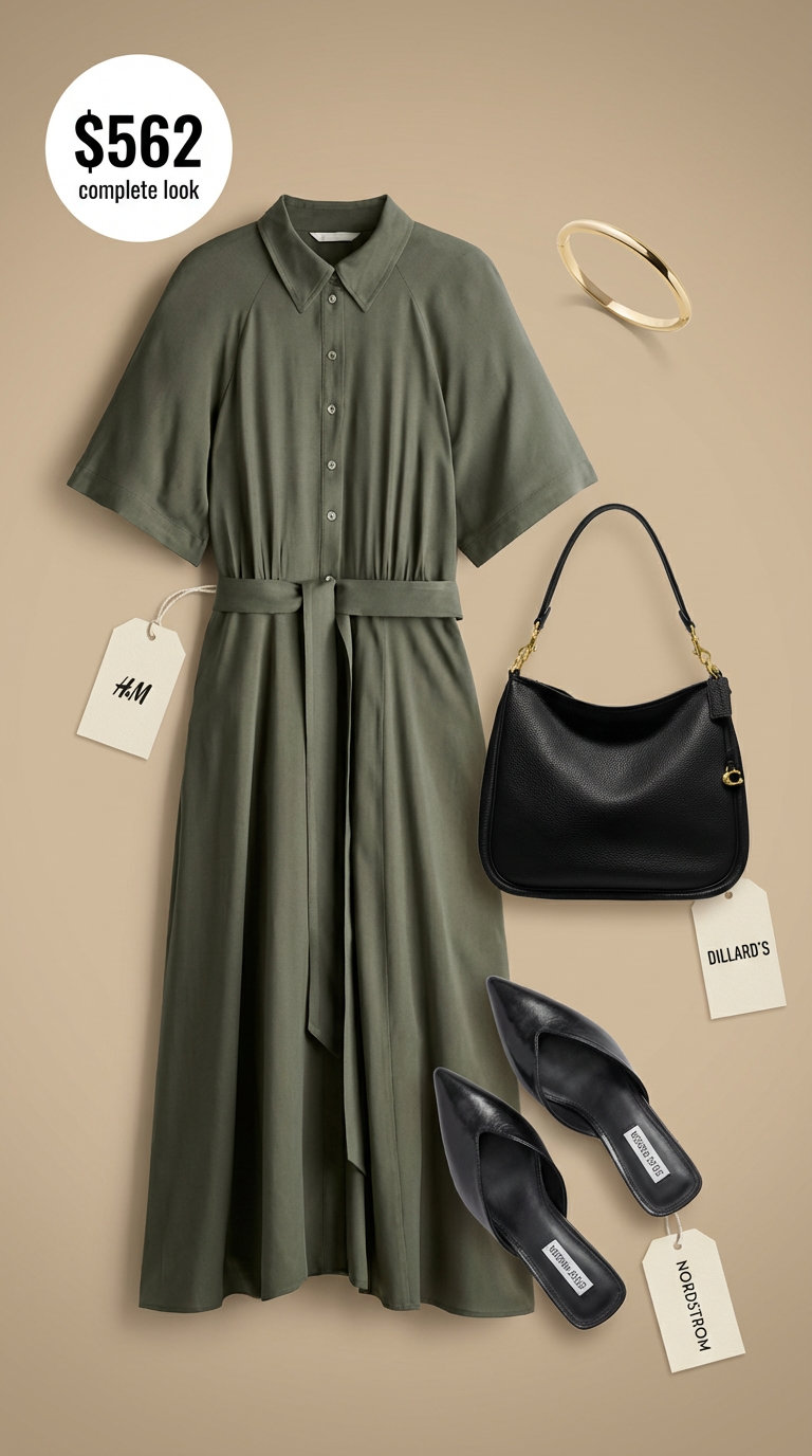 Polished olive green midi shirtdress for summer work outfits, styled with black leather mules, a structured black shoulder bag, and a thin gold bangle, ideal for business casual or work travel.