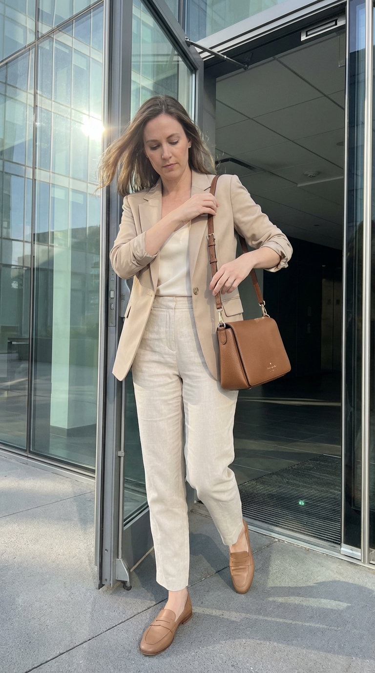 Chic and comfortable beige linen blend straight-leg pants with a tan tailored blazer, off-white silk camisole, and brown leather loafers for summer work outfits.