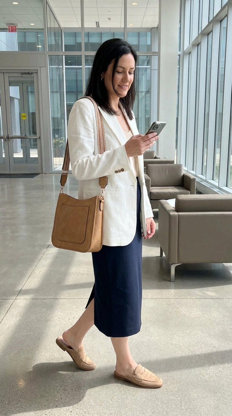 Smart casual summer work outfit featuring a white linen blend blazer, light blue button-down shirt, navy pencil skirt, and beige flat mules.