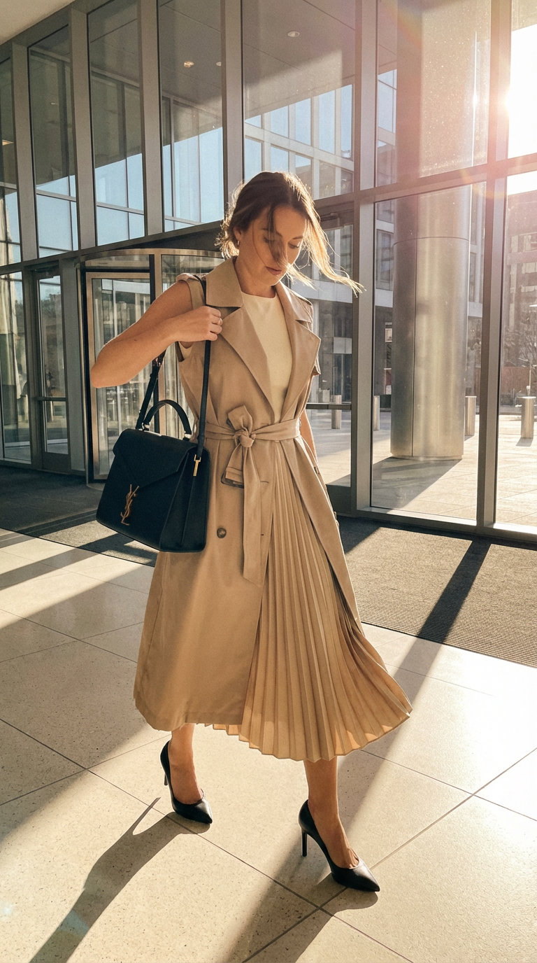Elegant summer work outfits with a cream satin pleated skirt, beige knit top, black pumps, a structured black bag, and a khaki sleeveless trench coat for a refined client meeting look.