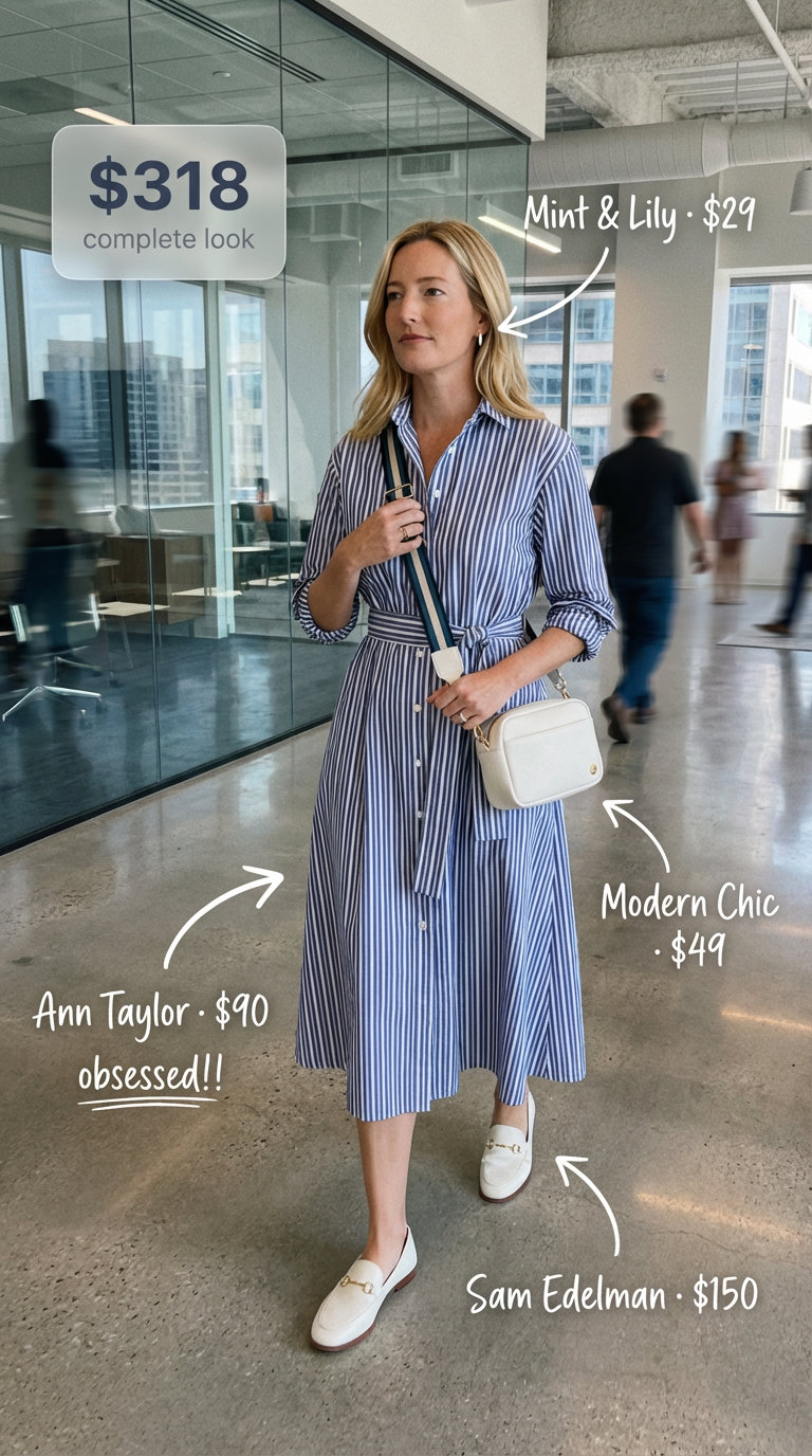 Relaxed professional summer work outfit featuring a light blue striped midi shirtdress, white loafers, and a navy crossbody, perfect for casual Fridays.
