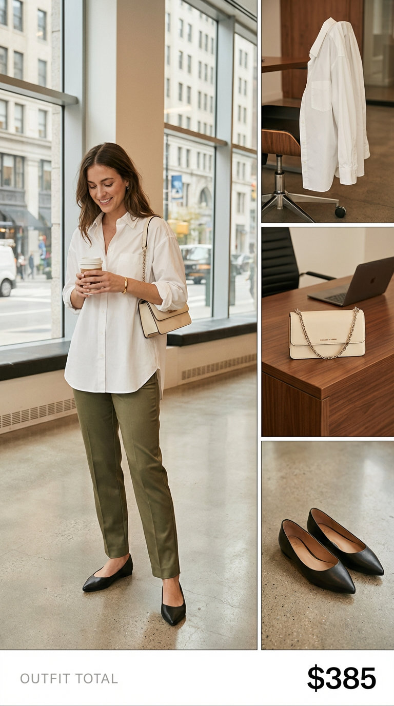 Timeless summer work outfit: crisp white oversized button-down shirt, olive green tailored straight-leg pants, and black leather flats.
