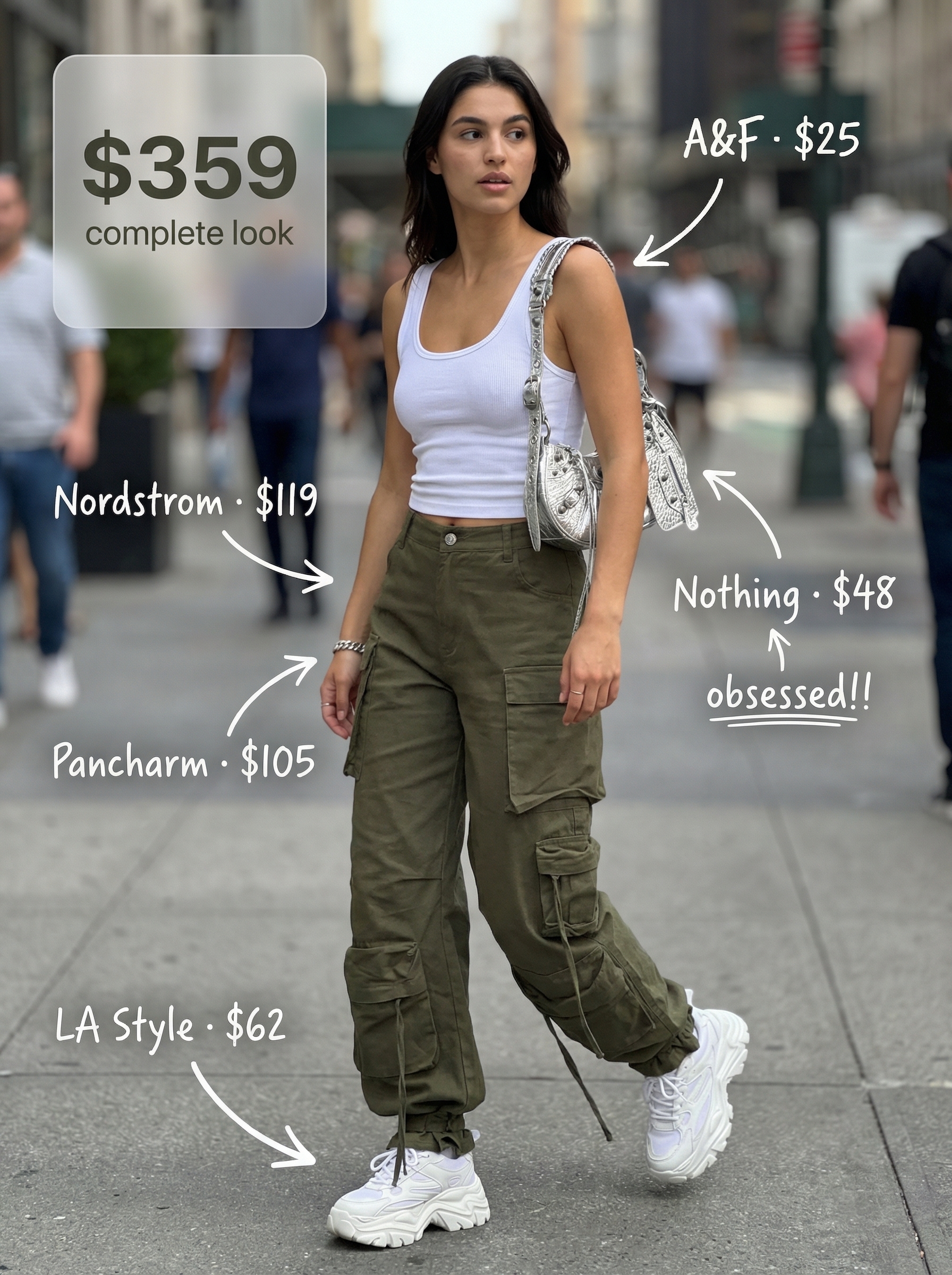 Cool baddie summer outfit with high-waisted khaki cargo pants, white ribbed tank, silver metallic shoulder bag, and chunky white sneakers.